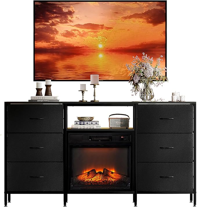VINGLI Fireplace TV Stand Dresser with Fabric Drawer Entertainment Center with LED Lights and Industrial TV Console Table with Open Storage Shelves for Living Room Bedroom Black