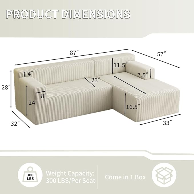 87 Modular Sectional Sofa Cloud Sectional Couch with Deep Seat Modern Modular L-Shape Sofa with Chaise Cozy Boneless Couches for Living Room Small Spaces No Assembly Required