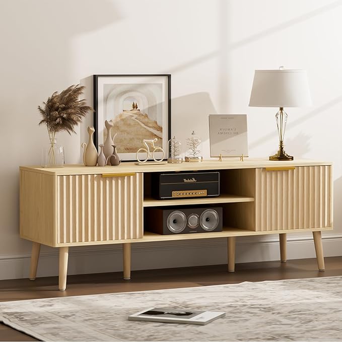 TV Stand for Living Room Boho Entertainment Center for 55/60 inch TVs Media Console with Fluted Door Cabinets and Open Shelves for Bedroom Oak