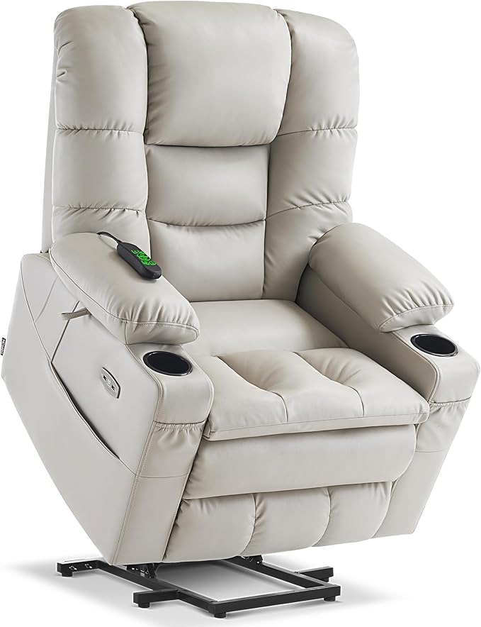 MCombo Triple Motor Power Lift Recliner Chair with Massage and Dual Heating Adjustable Headrest for Elderly People Faux Leather 7632 (Light Grey Medium)