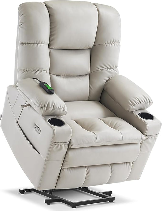MCombo Triple Motor Power Lift Recliner Chair with Massage and Dual Heating Adjustable Headrest for Elderly People Faux Leather 7632 (Light Grey Medium)