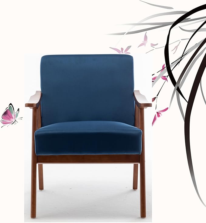 Accent Chair with Velvet Upholstery and Solid Wood e Classic Mid Century Living Room Furniture for Extra Seating Dark Blue