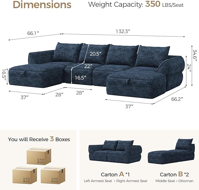 132 Modular Sectional Sofa with Deep Seat U-Shaped Cloud Couch for Living Room 4-Seater Boneless Sofa with 2 Ottomans Flexible Combination Modern Upholstery Sofa No Assembly Required Aqua Blue