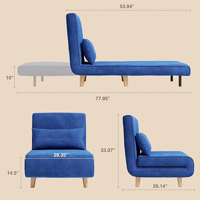 Aiho 3 in 1 Sleeper Chair Convertible Futon Chair Bed Velvet Sofa Bed with Adjustable Backrest Living Room Chair for Apartment/Bedroom/Guest Room Blue