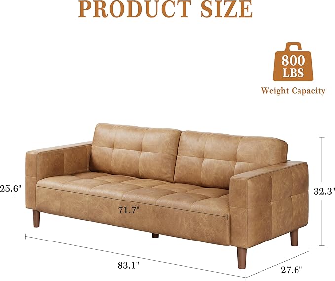 GarveeHome 3-Seater Sofa Couch 83 in Wide Faux Leather Sofa Couch with Spring Cushion Modern Sofa with Deep Seats and 2 Removable Back Cushions for Living Room Bedroom Apartment Office Brown