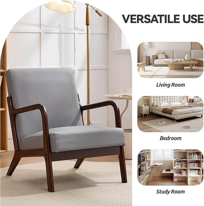 Mid Century Modern PU Leather Accent Chair Living Room Chairs with Lumbar Pillow Boho Arm Chiar Reading Chair with Solid Wood Frame for Living Room Bedroom