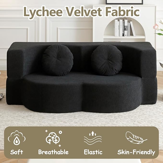 2-In-1 Futon Sofa Bed Foldable Couch with 2 Pillows Convertible Foldable Sofa Bed Folding Sofas Beds for Living Room Guest Room Apartment Office Lazy Sleeper Comfy No Assembly (Black)