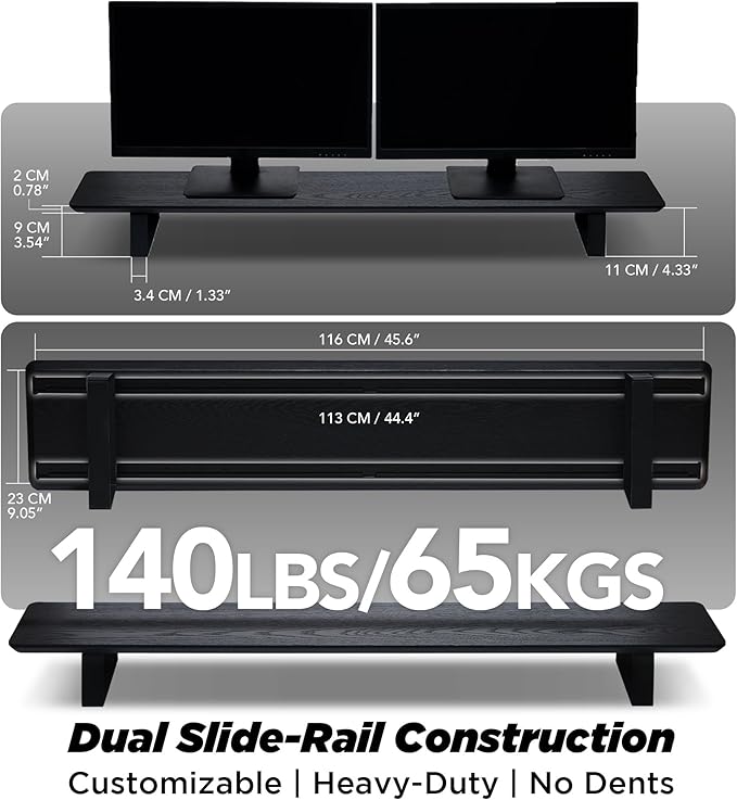 Moodular Wooden Monitor Stand 45.6” (116cm) Large Desk Organizer with Metal Slide Rails for Drawer Tray Laptop Tablet Phone &amp Headphones Customizable Riser for Organized Workspace Black