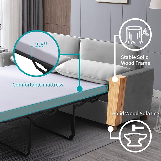 BALUS Full Pull Out Sofa Bed 71 Width 2-in-1 Velvet Loveseat Sleeper Sofa Pullout Couch Bed with Memory Foam Pillows and Mattress for Living Room Furniture Office Apartment Small Space Light Grey