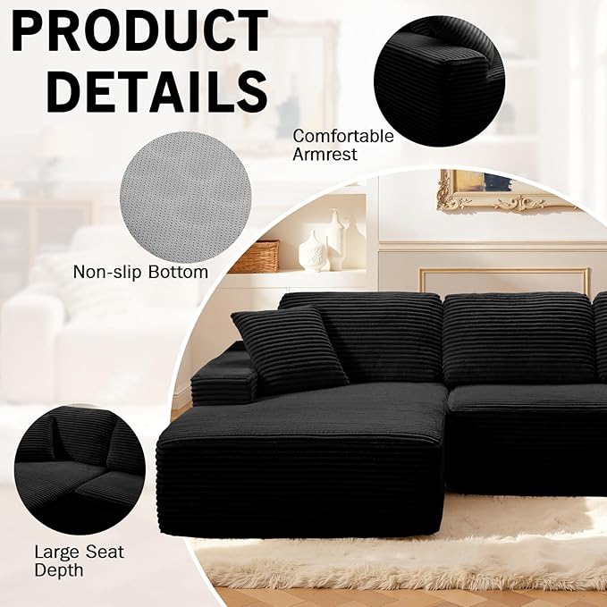 109.4” Modular Sectional Sofa Convertible Sofa Bed No Assembly Required Cloud Couch with Deep Seat Modern L-Shaped Boneless Sofa for Living Room (Black)