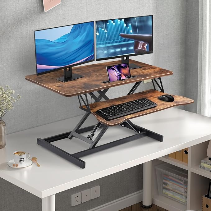 38-Inch Height Adjustable Standing Desk Converter Duals Monitor &amp Laptop Riser with Wide Keyboard Tray Sit to Stand Ergonomic Workstation for Home Office School Business Tiger Brown