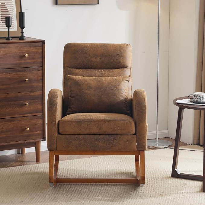 VINGLI Rustic Microfiber Nursing Rocking Chair with Thick Headrest Upholstered Mid-century Modern Nursery Rocker Glider with Curved Armrest Sturdy Solid Wood Base for Living Room Bedroom Baby Room