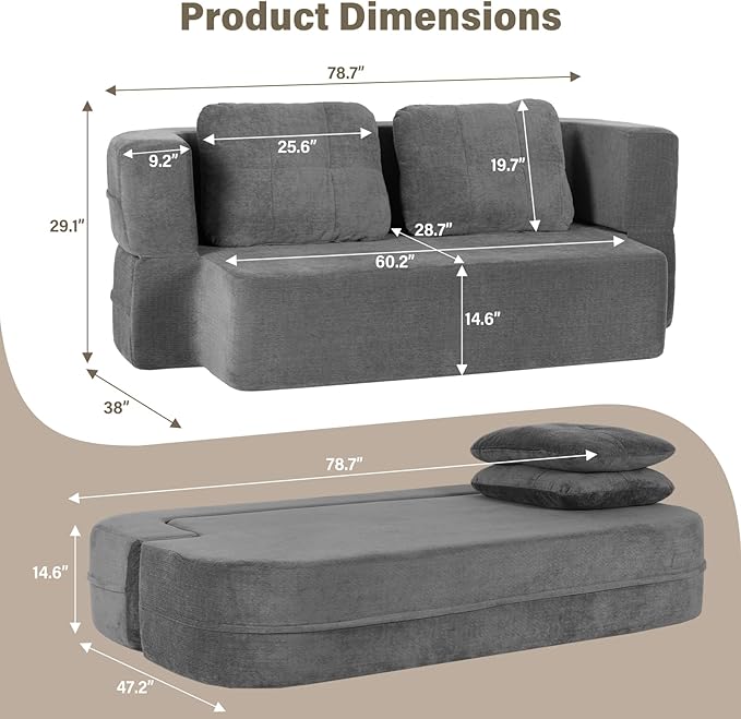 78 Convertible Sofa Bed with Blanket Boneless Cloud Couch Queen Scott Fabric for Living Room Bedroom Modular Loveseat with High-Density Solid Sponge No Assembly Grey