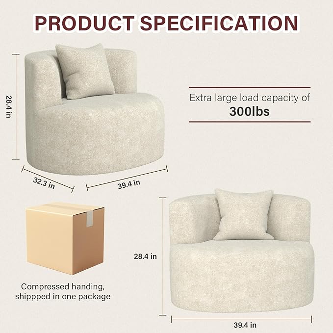 Swivel Accent Chair 360°Soft Accent Chairs Chenille Upholstered Living Room Chairs with Pillow and Curved Backrest No Assembly Arm Chair for Living Room/Bedroom/Office (White)
