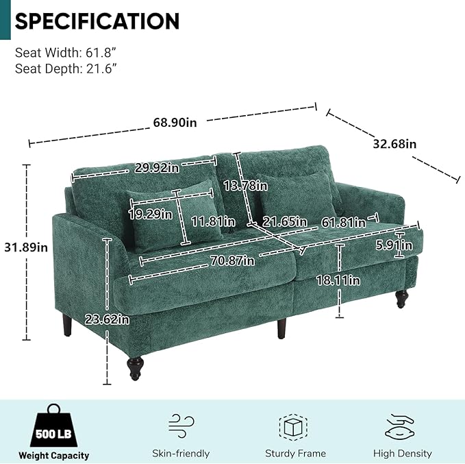JOYBASE 70 inch Loveseat Sofa Mid-Century Modern Love Seat Couch with Wood Legs Upholstered Comfy Sofa for Living Room Apartment Office Bedroom (Emerald Chenille)
