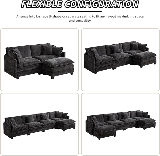 149.6 Modern Sectional Couches for Living Room Charcoal Grey Comfy Cloud Couch Sectional 4 Seater Couch for Living Room with 2 Ottoman Sofas para Sala U Shaped Modern Sofa (Grey Black 4+2 Set)
