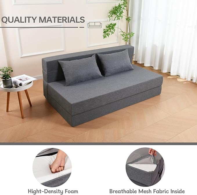 Folding Sofa Bed Foldable Bed Sleeper Chair with Removable Washable Cover Convertible Fold Out Couch with Pillow Futon Couch for Living Room Dorm Guest Room Queen Size Light Grey