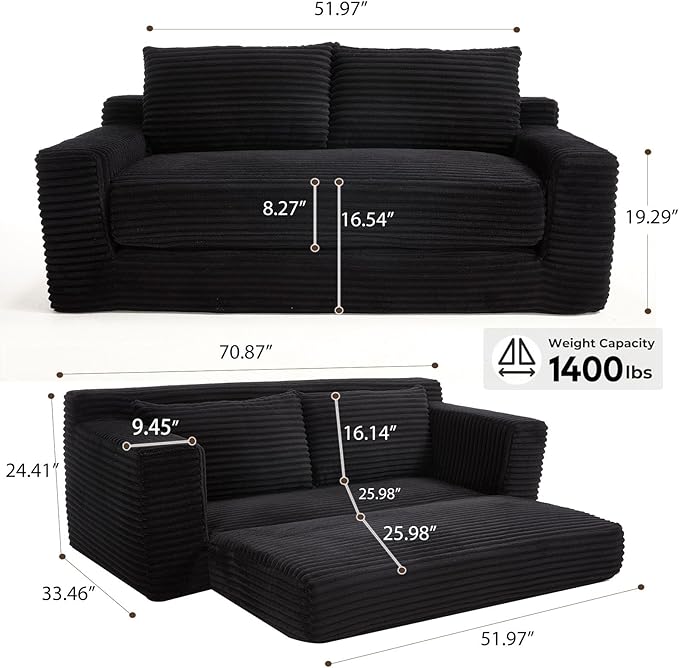 Anwick 2 in 1 Convertible Sleeper Sofa Bed 72 Corduroy Loveseat Sofa w/ 2 Pillows Oversized Chaise Lounge Chair Indoor Pull Out Couch Bed for Small Spaces/Living Room/Bedroom No Assembly (Black)