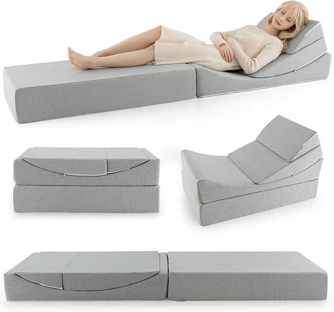 Giantex Convertible Folding Sofa Bed 4-in-1 Floor Futon Sleeper Chair with High-Density Foam Removable &amp Washable Linen Fabric Cover Foldable Single Couch Bed for Living Room Guest Use Road T