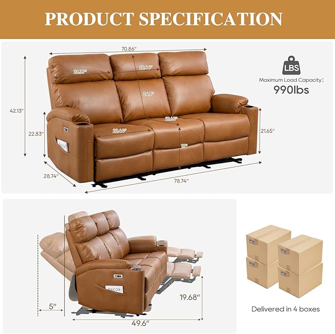 Power Reclining Sofa - 3 Seater Recliner Sofás PU Leather Sofa Home Theater Seating with Flipped Middle Backrest Power Recliner Couch for Living Room(Brown)
