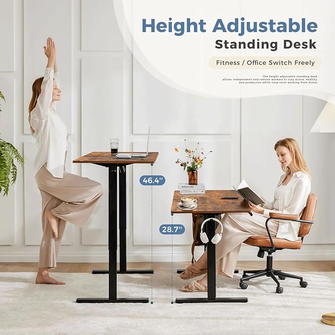 Electric Standing Desk 48 x 24 Inches Lift Motorized Gaming Table with T-Shaped Metal Ergonomic Memory Controller Home Office Desk Computer Desk Brown