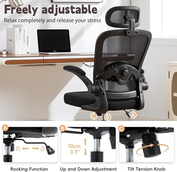 Ergonomic Office Chair with 3D Adjustable Lumbar Support Mesh High Back 75° Rotating Headrest Rocking Function 300lbs Capacity Black/White (Black)
