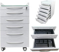 5 Drawers Mobile Office File Storage Cabinet Stainless Steel Dental Medical Assistant Cabinet Utility Cart Glass Countertop with Lock and Wheels and Storage Tray for Office Hospital White