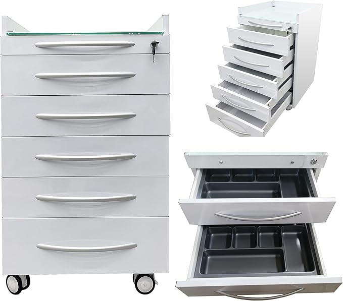 5 Drawers Mobile Office File Storage Cabinet Stainless Steel Dental Medical Assistant Cabinet Utility Cart Glass Countertop with Lock and Wheels and Storage Tray for Office Hospital White