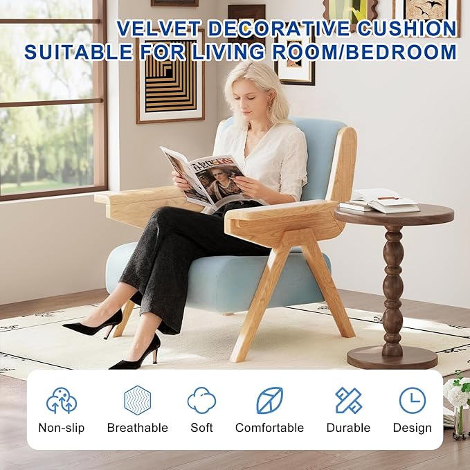 Accent Chair Mid Century Modern Chair Velvet Upholstered Lounge Arm Chair with Solid Wood Cozy Reading Chair for Living Room Bedroom Balcony (Blue Single Chair)