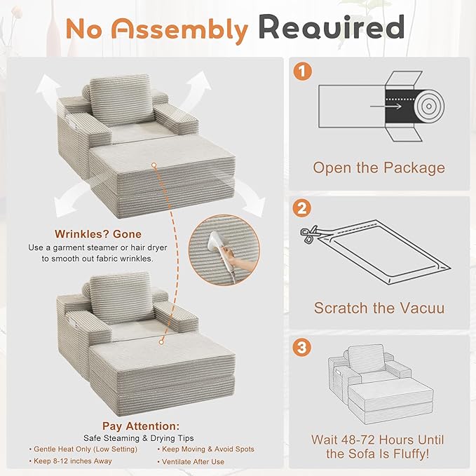 72.8 Convertible Chaise Lounge Sofa Bed Corduroy Sleeper Boneless Couch with Removable Pillow &amp Movable Table Tray Deep Seat No-Assembly Sofa for Living Room Bedroom Apartment Grey