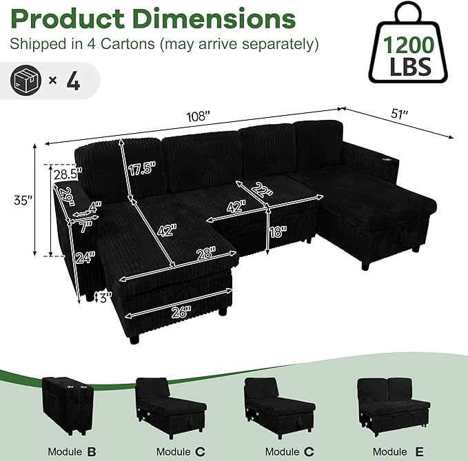 Oversized Sectional Couch U Shaped Corduroy Couch for Living Room Sectional Sleeper Sofa with Pull Out Bed Convertible Sofa Bed for Living Room Bedroom and Apartment Black