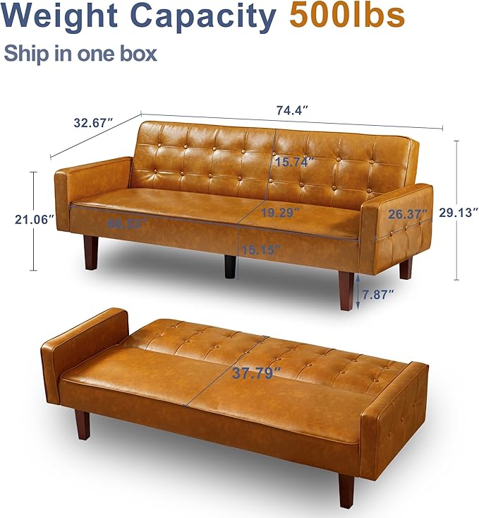 74 Futon Sofa Bed Mid Century Modern Futon Couch Small Sofa Cama Loveseat Small Couches for Living Room Office(Faux Leather Brown)