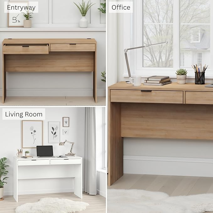 Prepac 46 Writing Desk – Computer Desk with 2 Drawers Light Oak Office Desk for Home Office or Bedroom