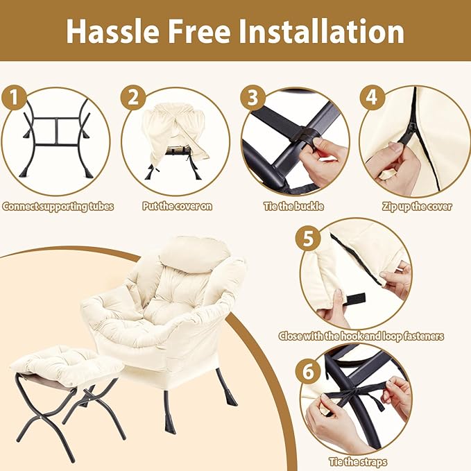 Lazy Chair with Folding Ottoman Accent Chair Velvet Upholstered with Metal Structure and Non-Slip Pads Sofa Armchair with Footrest and Side Storage Bag for Dorm Room Office Beige