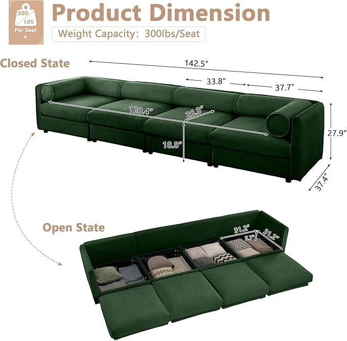 Oversized Modular Sectional Sofa with Storage Seat 142.5 Chenille Sofa with Cylindrical Backrest &amp Armrest Modern Comfy 4-Seat Sofa Upholstered Deep Seat Couch for Living Room Green