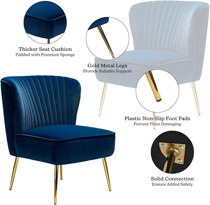 TINA'S HOME Monica Velvet Accent Chair Set of 2 Mid Century Side Chair Comfy Upholstered Living Room Chair with Golden Legs Wingback Armless Slipper Chair for Bedroom Guest Room- Navy Blue