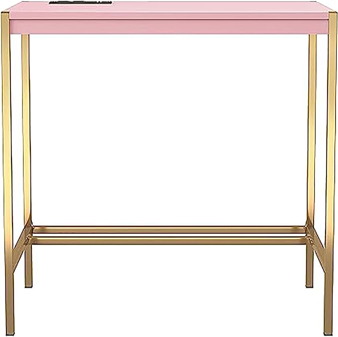 24/7 Shop at Home Fultonville Modern Metal Writing Desk with USB Port Power Outlet for Workstation Home Office Study Room Pink and Gold