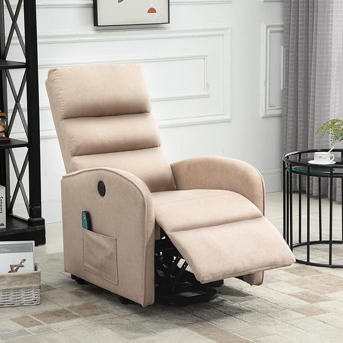 AVAWING Power Lift Chair with Heat and Massage for Elderly Fabric Electric Recliner Chair with Remote Control Side Pocket and USB Port for Living Room &amp Bedroom Khaki