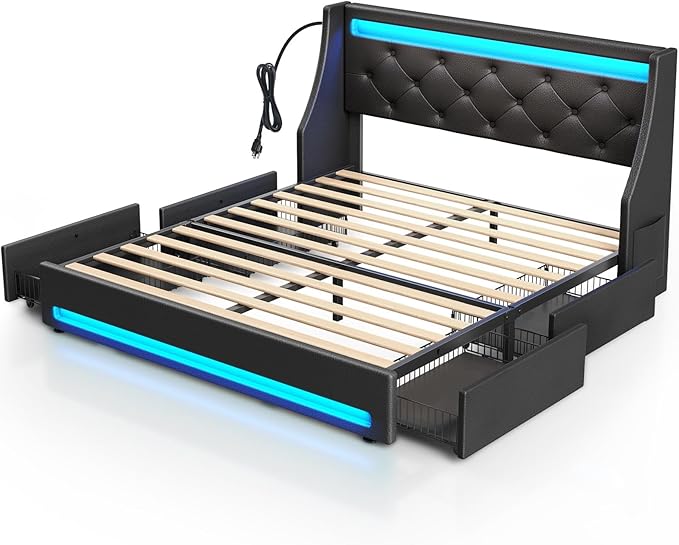Rolanstar Queen Bed Frame with LED Lights and Charging Station PU Leather Bed with Drawers Wooden Slats Noise Free Easy Assembly Black