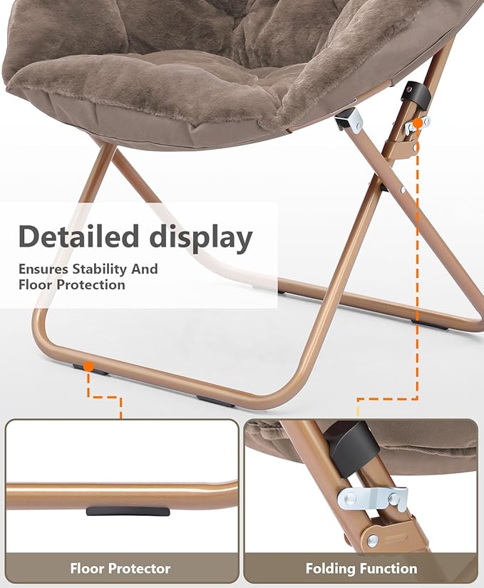 Cozy Saucer Chair Living Room Chair Faux Fur Soft Thick Padded Seat Metal Frame Folding Chair Comfortable Moon Chair for Living Room Bedroom Reading Nook Modern Style 1 Pack Brown