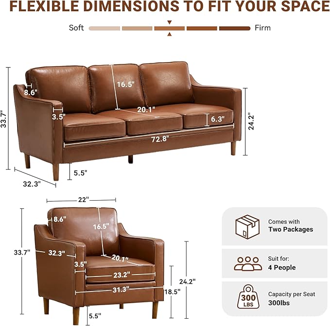Kingfun Living Room Furniture Sets 3 Seater Couch and Loveseat Mid Century Modern Sofa Set Faux Leather Couch with Solid Wood Frame for Living Room &amp Bedroom Dark Brown