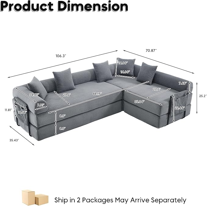 Oversized Modular Cloud Couch for Living Room Corduroy L-Shaped Sectional Sleeper Sofa Bed with Fixed-Shape Frame Modern Boneless Couch with Pillows &amp StorageGrey