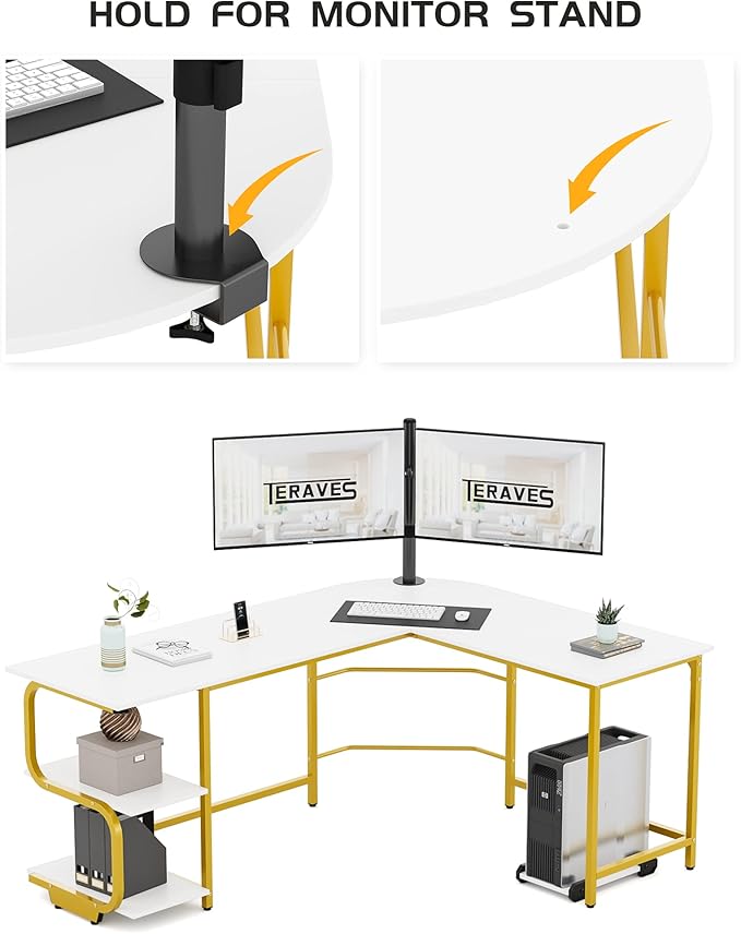 Teraves Reversible L Shaped Desk with Large Surface 69 Inch Sturdy Corner Desk with Storage Shelves Premium Office Computer Desk Workstation for Home Office Gaming