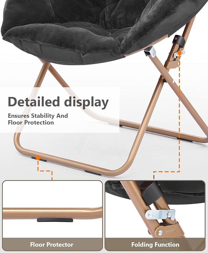 Cozy Saucer Chair Living Room Chair Faux Fur Soft Thick Padded Seat Metal Frame Folding Chair Comfortable Moon Chair for Living Room Bedroom Reading Nook Modern Style 2 Pack Black