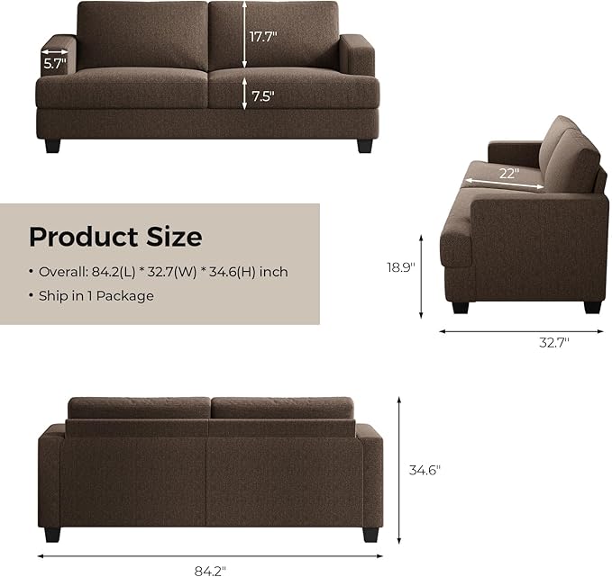 84 Inch Sofa with Extra Deep Seats Oversize Linen Fabric 2 Seater Sofa for Living RoomModern Couch and Loveseat Comfy Armrests and Seats and Backrests Easy Installation Brown