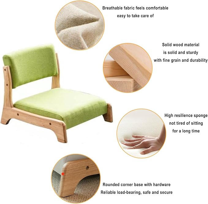 Japanese Floor Chair with Back SupportLow-Back Meditation Floor Seat with Soft CushionPortable Wood Armless Tatami Chair Meditation Living Room Bedroom Bay WindowReading