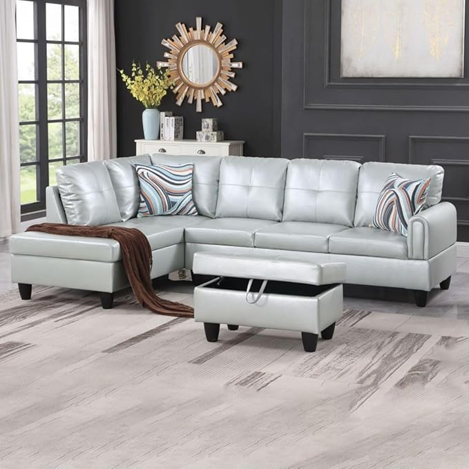 Silver Green L-Shaped 3-Piece Faux Leather Sofa with Storage Ottoman Set Sectional Couch Sofa Set for Living Room Office Small Space