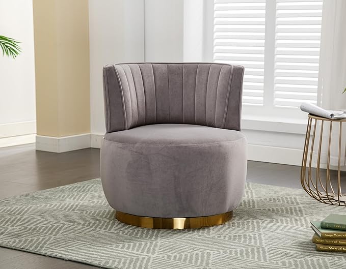 Velvet Swivel Barrel Chair Modern Upholstered Accent Chair 360° Swivel Round Lounge Chair with Gold Metal Base Comfy Arm Chair Sherpa Chair for Nursery Living Room Bedroom Club Office Gray