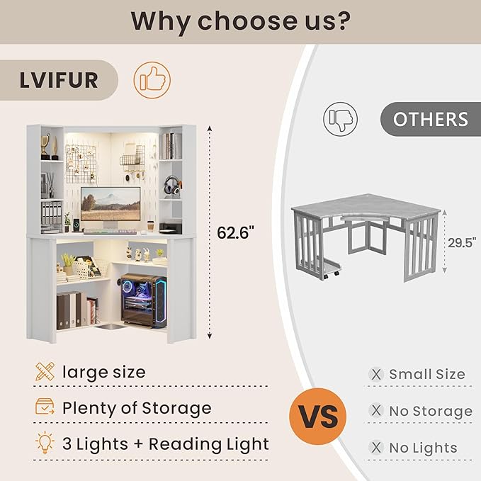 L-Shaped Corner Desk LED Light Computer Desk with Charging Station Hutch Storage Shelves &amp File Cabinet Home Office Desk Workstation for Small Space White