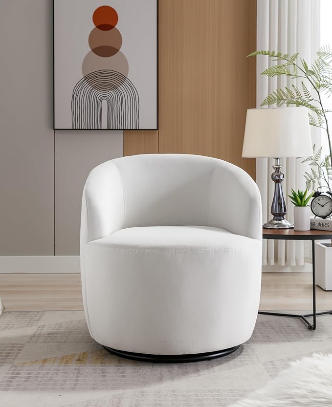Swivel Barrel Accent Chair Velvet 360° Swivel Chair Small Leisure Chair Single Sofa Chair with Metal Swivel Base for Living Room Hotel Bedroom Office Coffee Shop (White + Velvet)